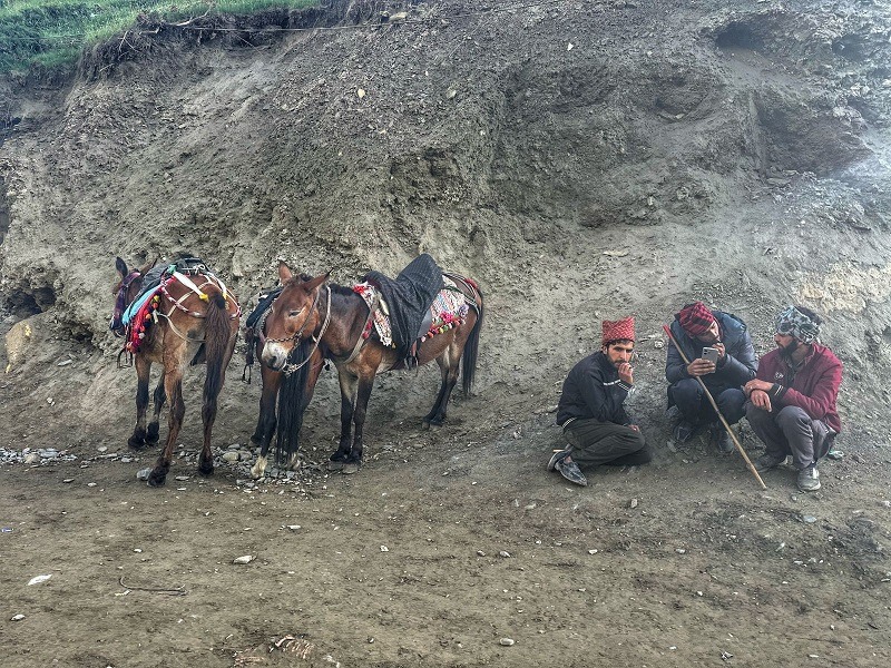 Horses resting while the horse riders gather around